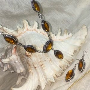 Mandarin Citrine handcrafted 6 gem necklace + Earring set